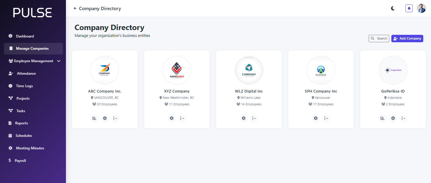 Manage Companies Dashboard
